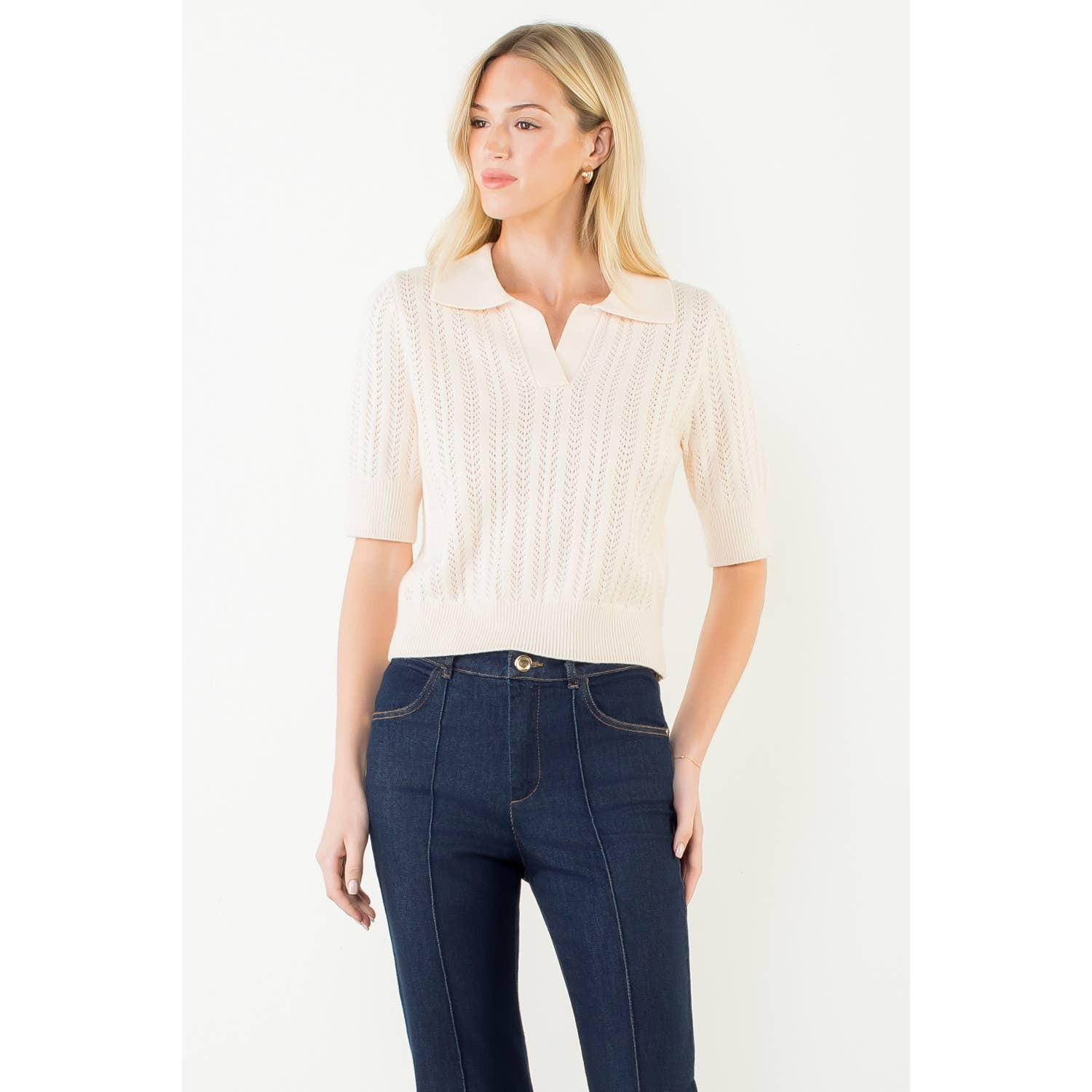 Short Sleeve Pointelle Polo Knit Top