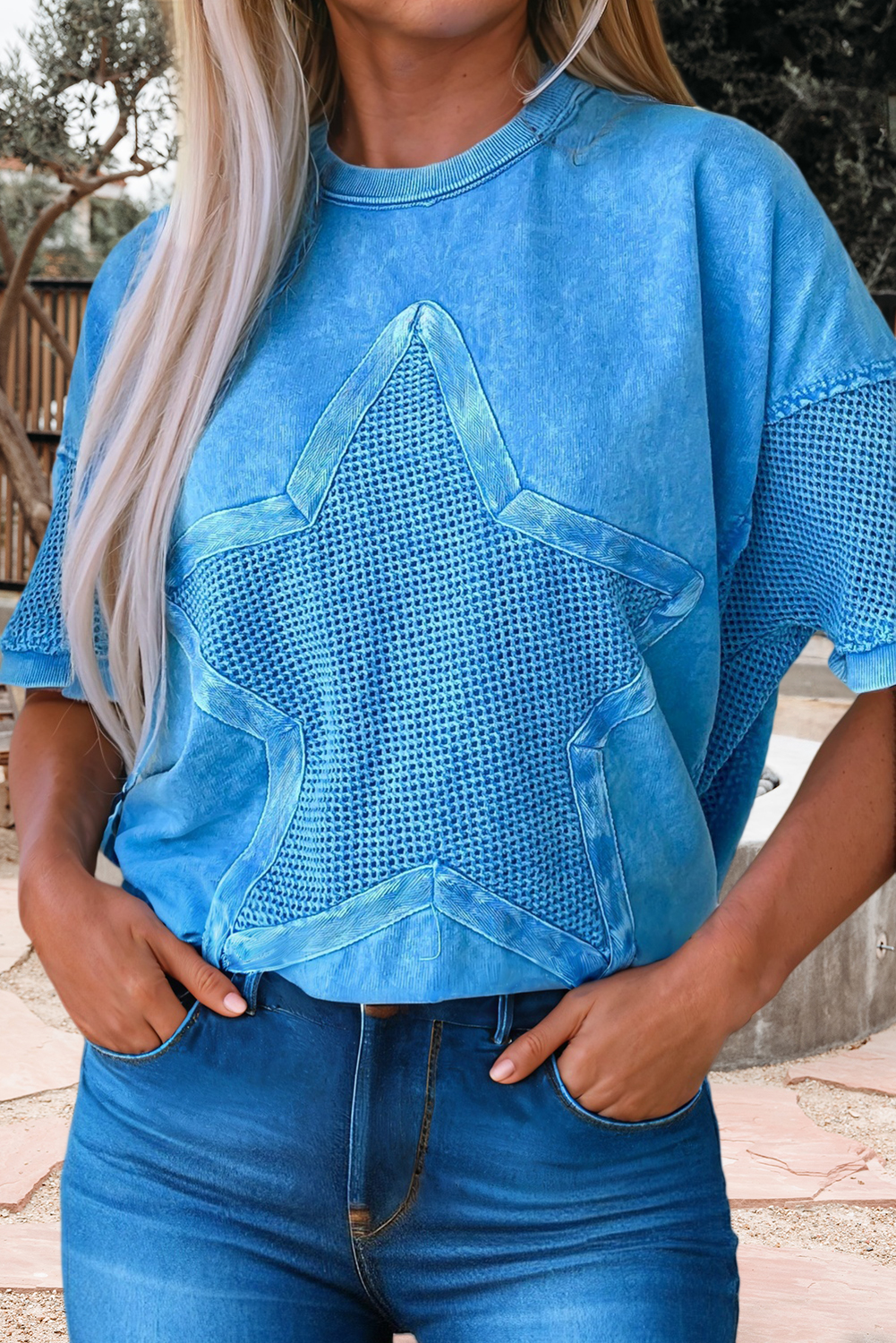 Mineral Wash Star Mesh Patchwork Oversize Tee (S-Xl)