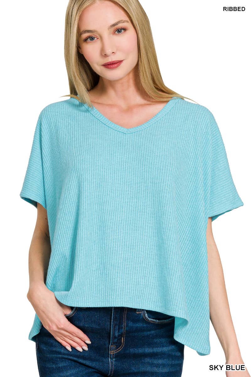1014 Ribbed V Neck Short Sleeve Sweater SI-27894