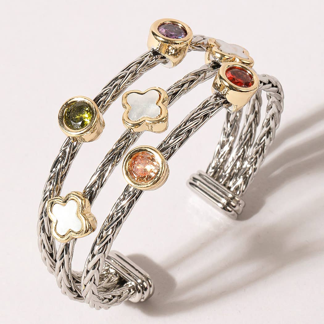 Cz Stone Multicolor Pointed Clover Cuff Bracelet