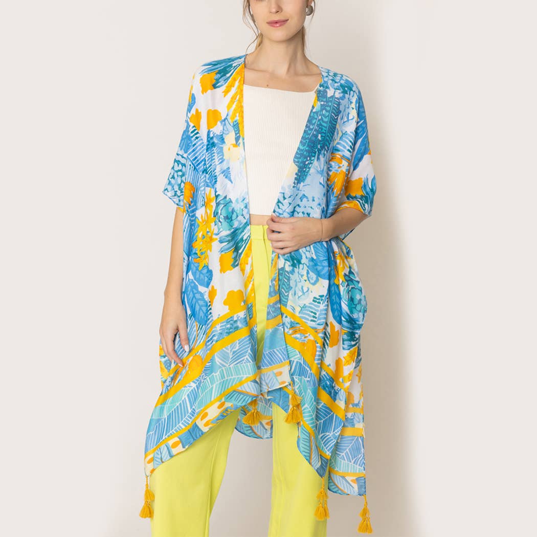 Tropical Floral Print Tassel Kimono Cover-Up