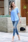 0119 Swiss Dot Short Sleeve V Neck Round Hem Top SI-23103