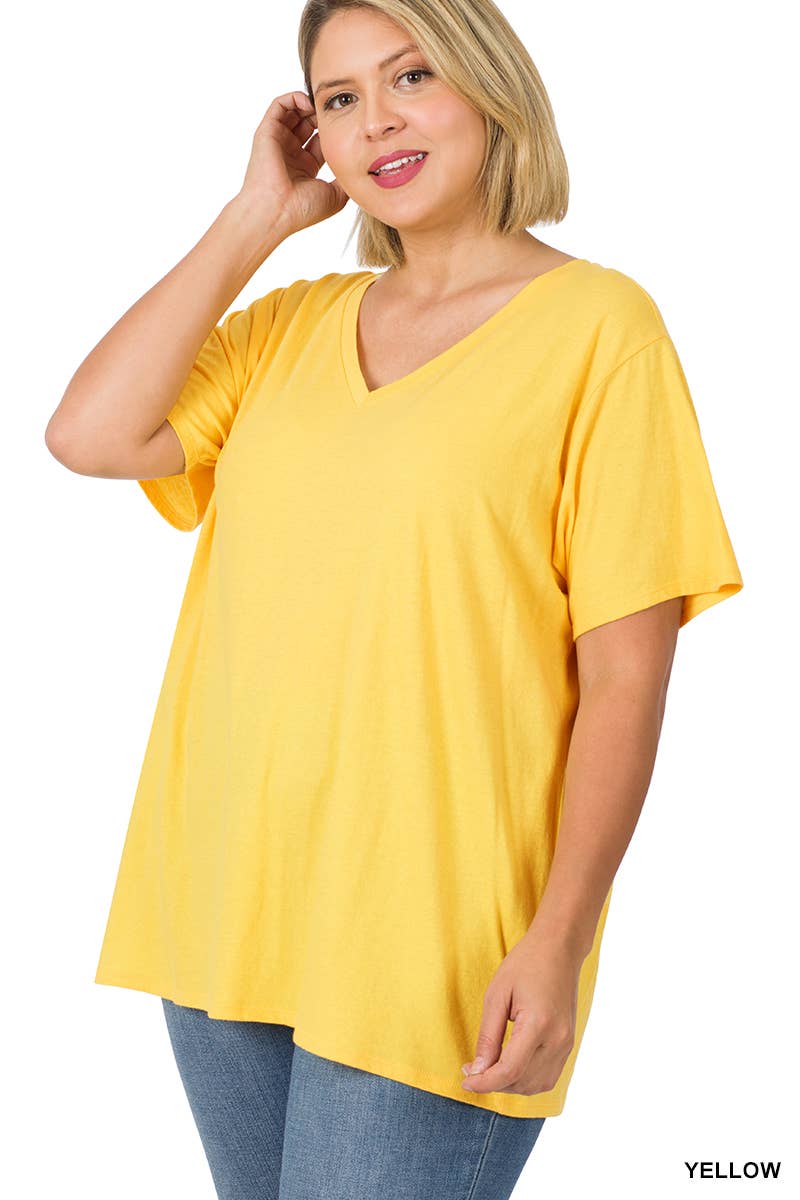 1208 Plus Cotton Short Sleeve Boyfriend V Neck Top SI-21988