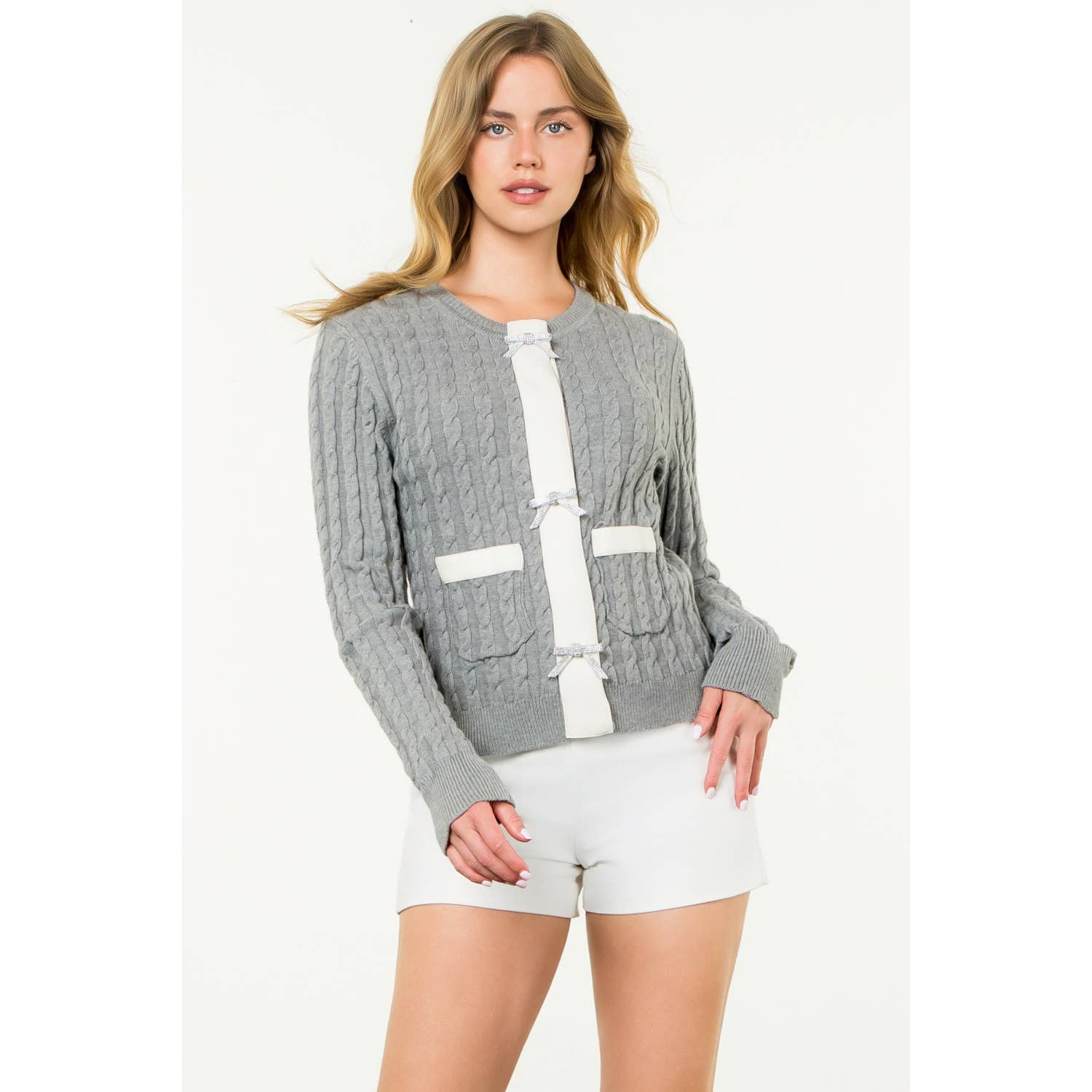 Cable Knit Bow Trim Cardigan