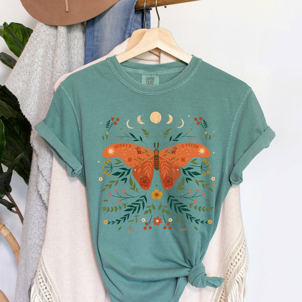Moth Moon Phases and Ferns Celestial Unisex