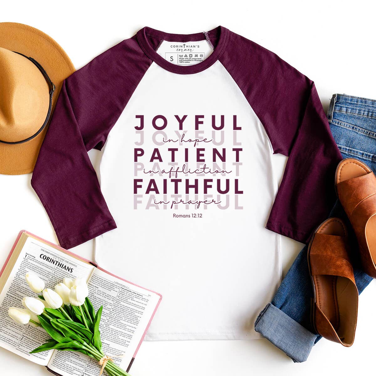 Joyful Patient Faithful Raglan 3/4 Sleeve Bible Verse Shirt