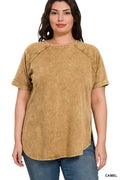 '..._ Plus Acid Wash Raw Edge Short Cuff Sleeve Pullover