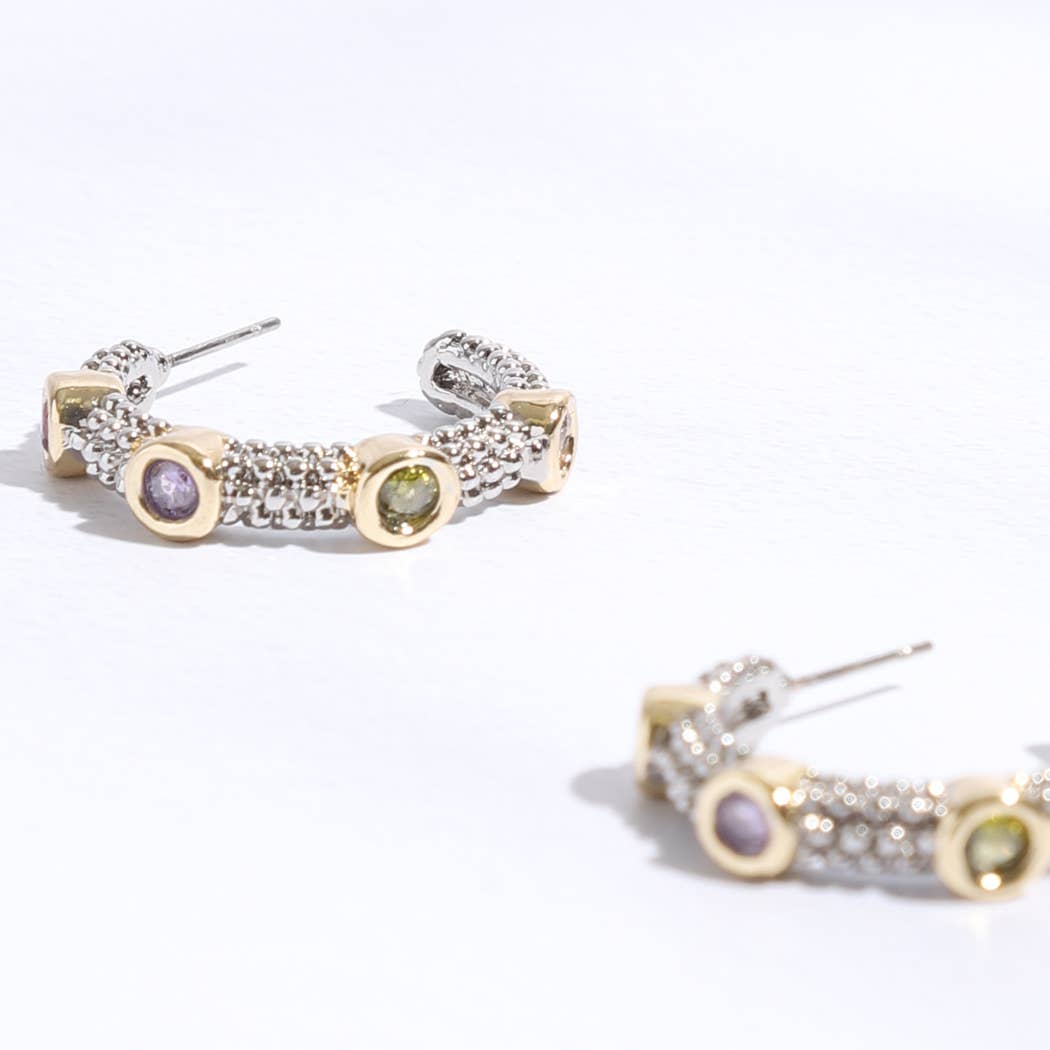 Cz Stones Gold Pointed Silver Hoop Post Earring