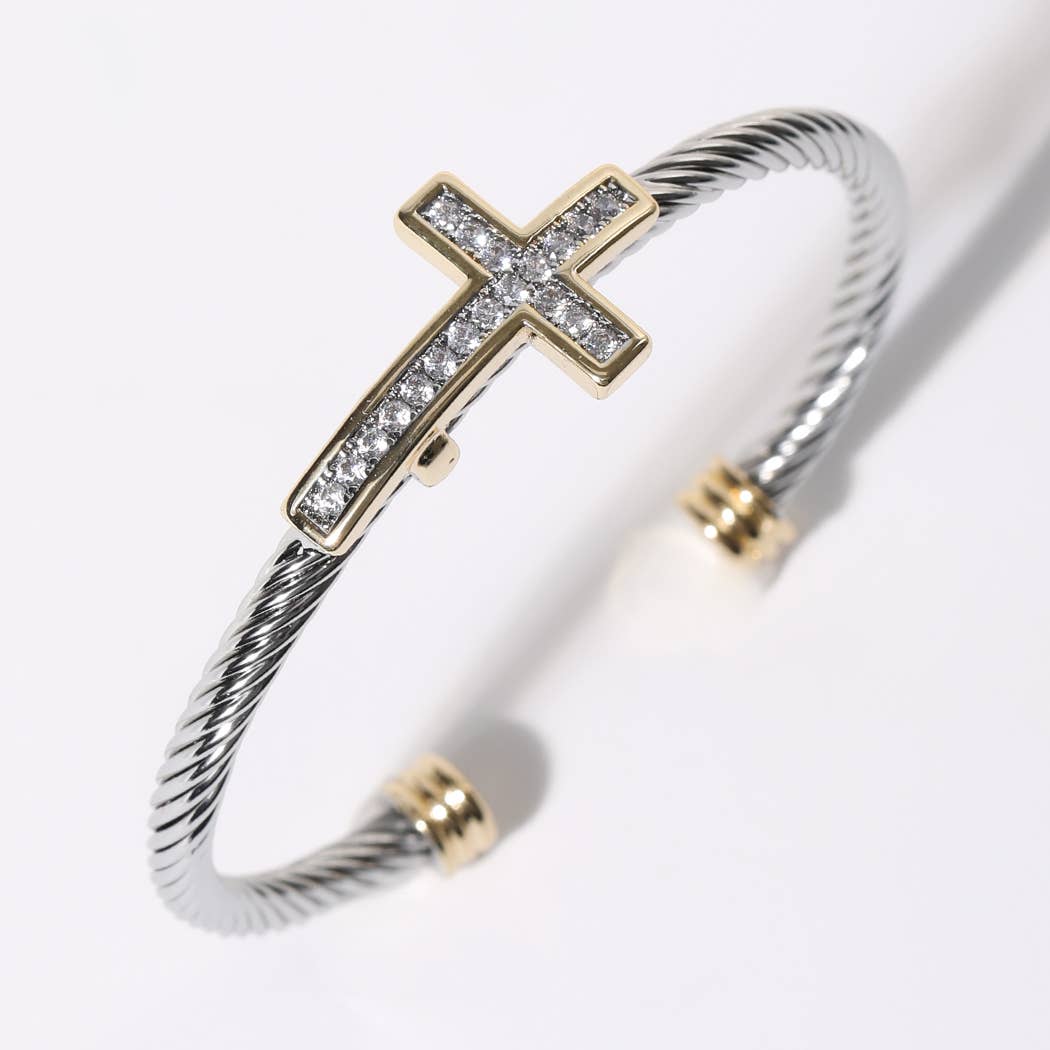 Cz Cross Accent Twisted Open Cuff Bracelet