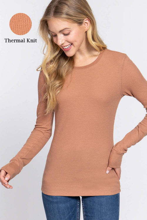 'fitted Long Sleeve Crew Neck Thermal Knit Top
