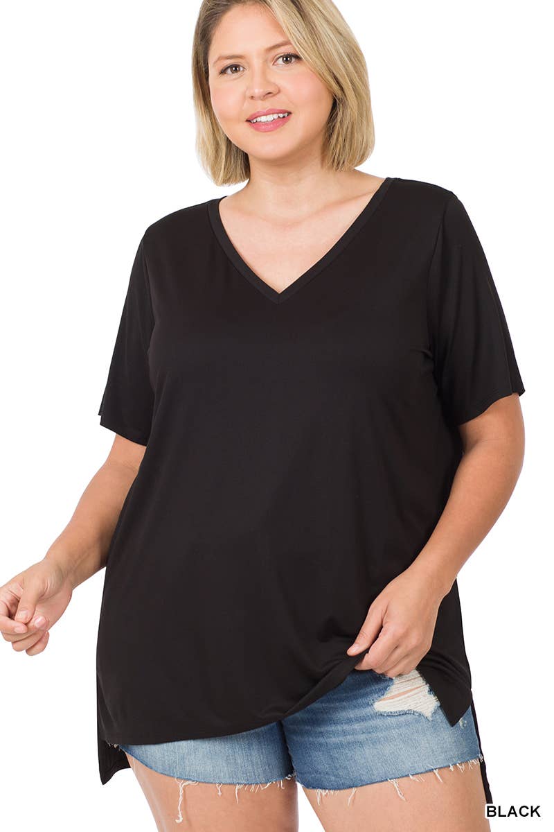 ..SI-21686 Plus Size Pre Washed Real Modal V-Neck Hi-Low Hem Top