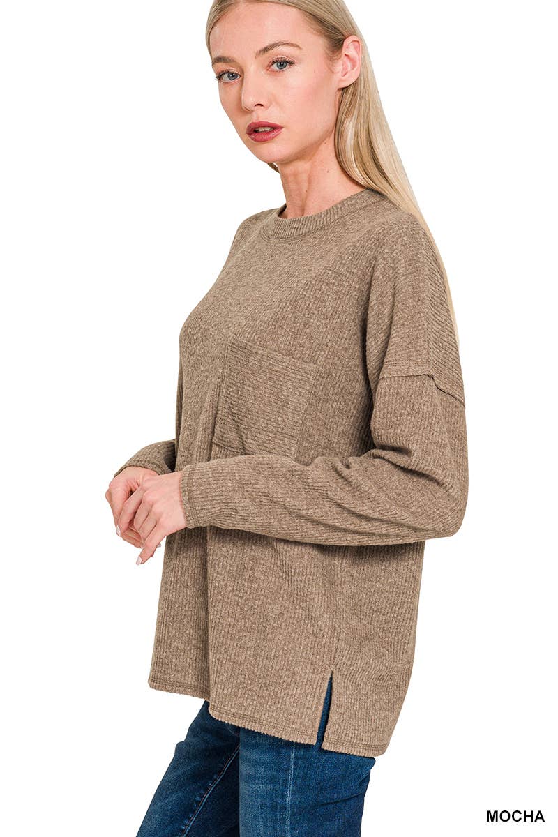 .0815 Ribbed Brushed Melange Hacci Sweater with A Pocket SI-28614