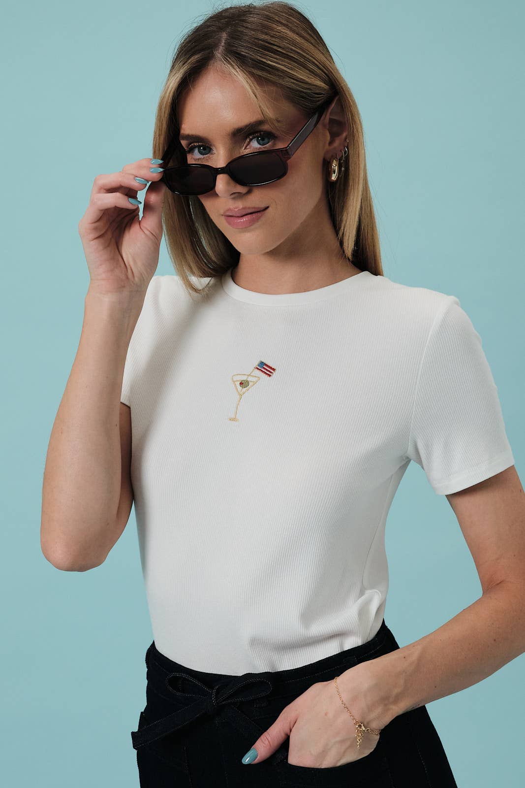Crew Neck USA Cocktail Embroidered Ribbed Baby Tee