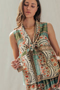 Botanical Bird Print Tie-Front Tencel Blend Top