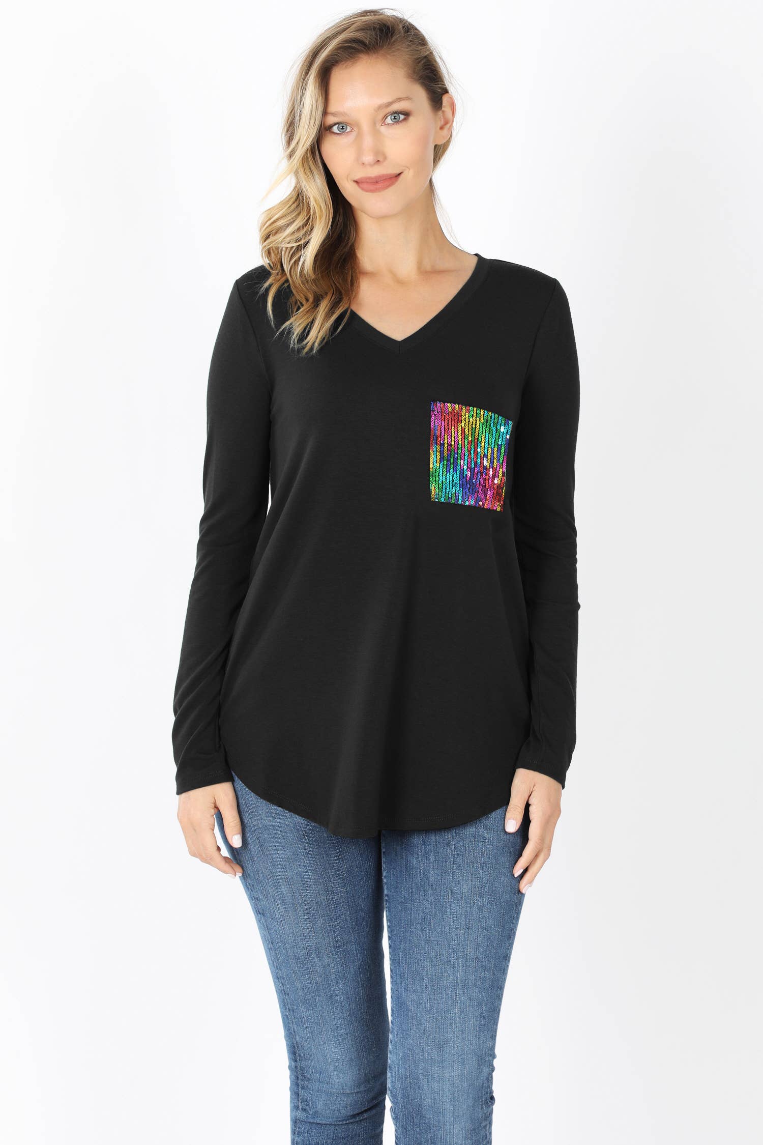..SI-18540 V Neck Curved Hem Tunic with Pocket Detail
