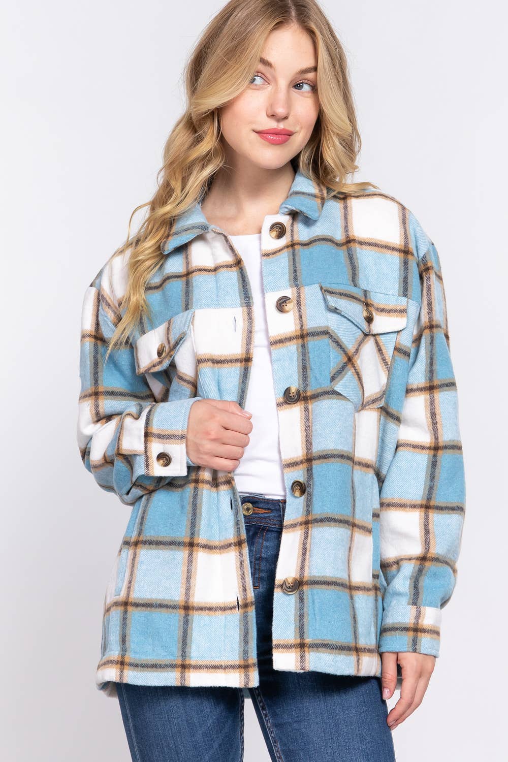 .SI-21465 Inner Faux Fur Brushed Plaid Jacket w/ Pocket