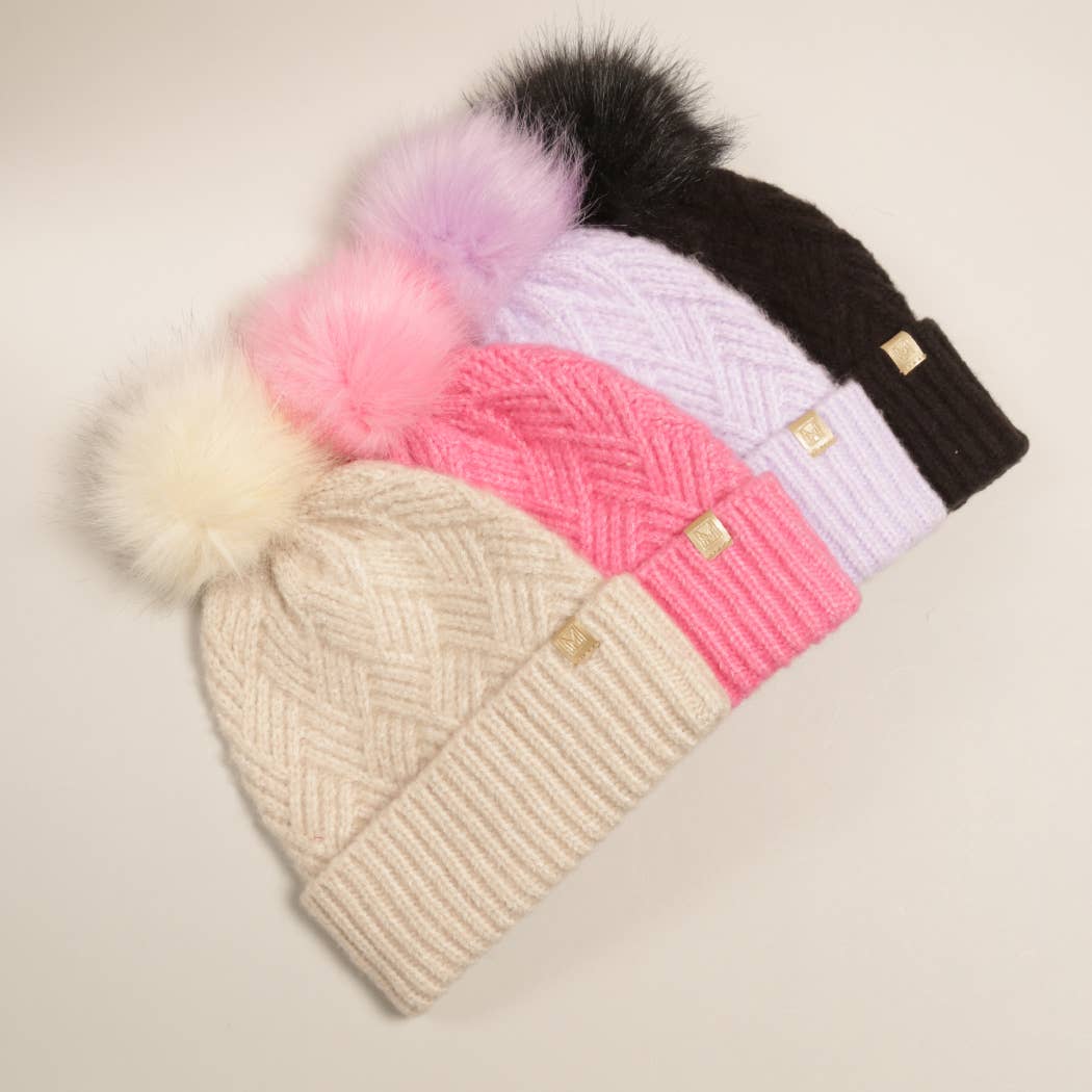 Chevron Knit Cuff Beanie W Faux Fur Pom