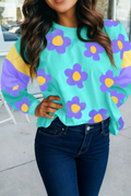 Floral Color Block Long Sleeve Loose Top (S-Xl)