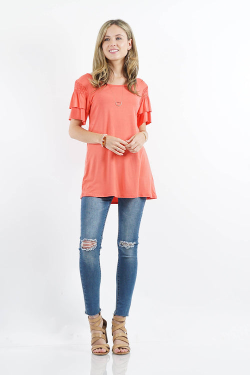 "._ Solid Short Sleeve Top with Smocking Detail