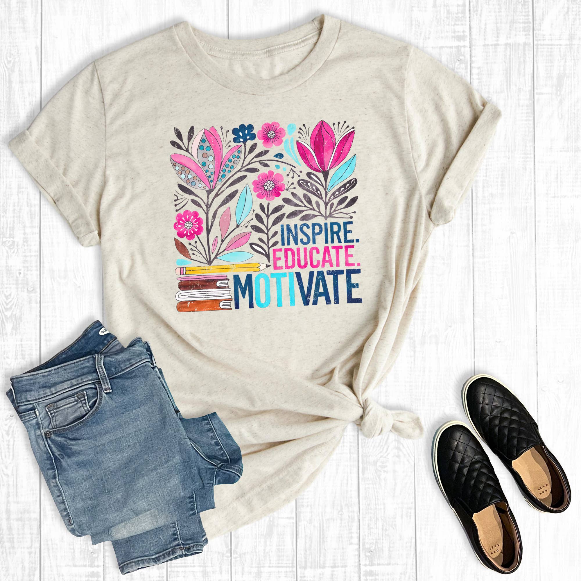 Boho Teacher Educate Motivate Inspire Graphic Tee