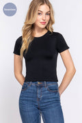 ',....Fitted Short Slv Round Neck Seamless Top