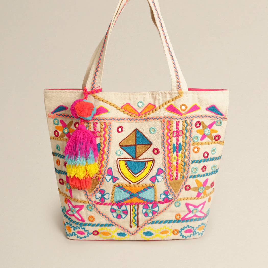 Abstract Pattern Pom-Pom Tassel Shoulder Bag