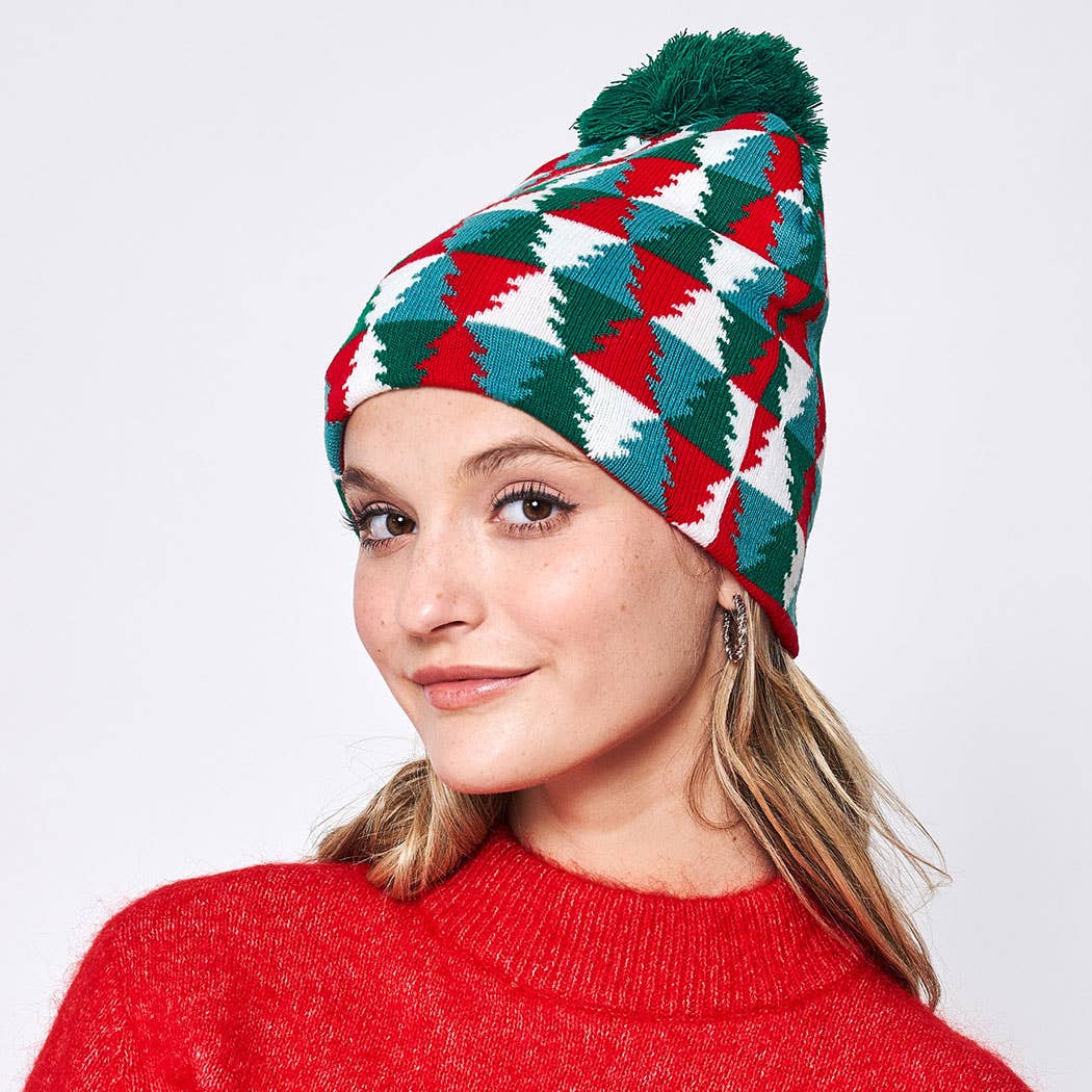 Christmas Tree Patterned Beanie with Pom
