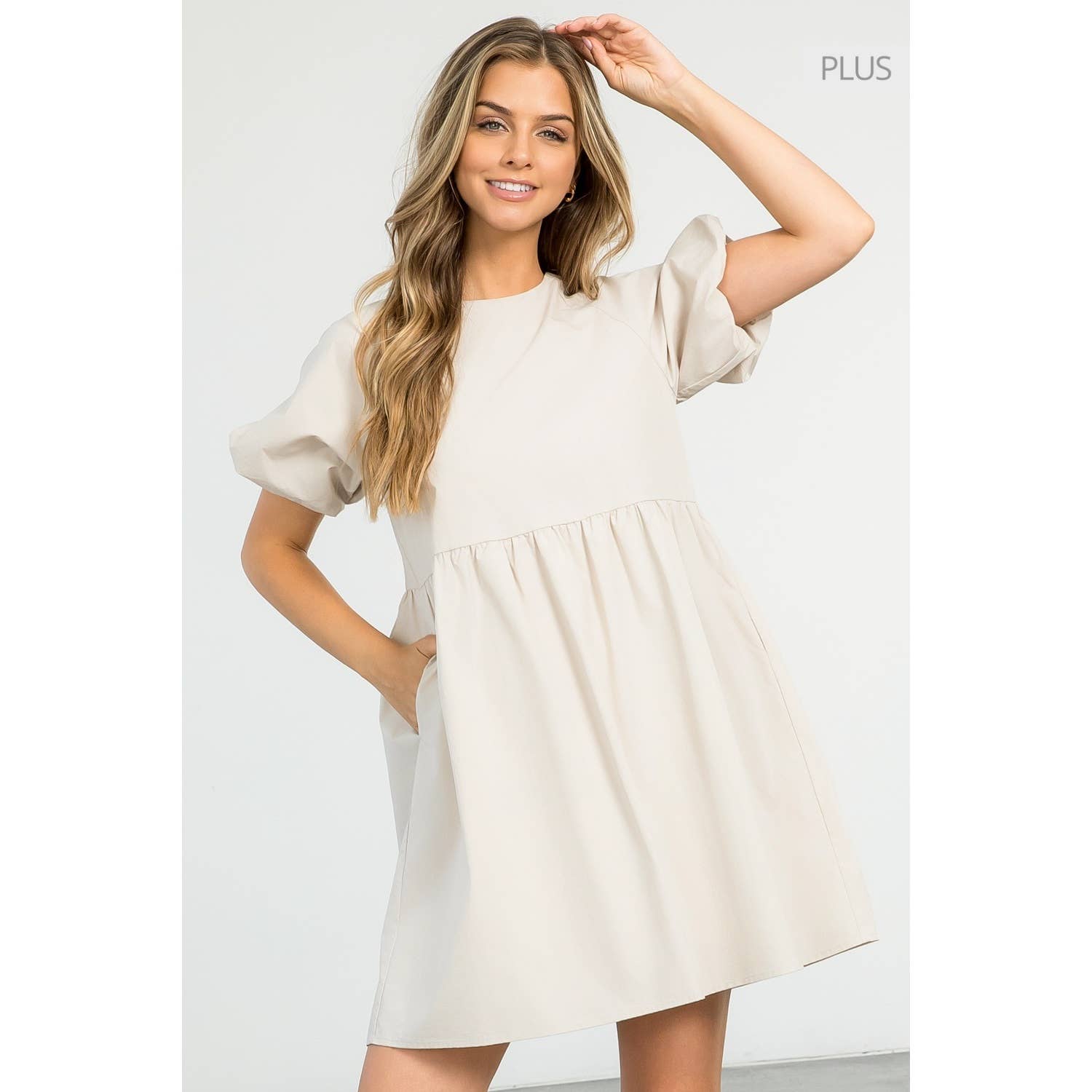 /Size Xl/ Solid Taupe Poplin Puff Sleeve Relaxed Fit Mini Dr