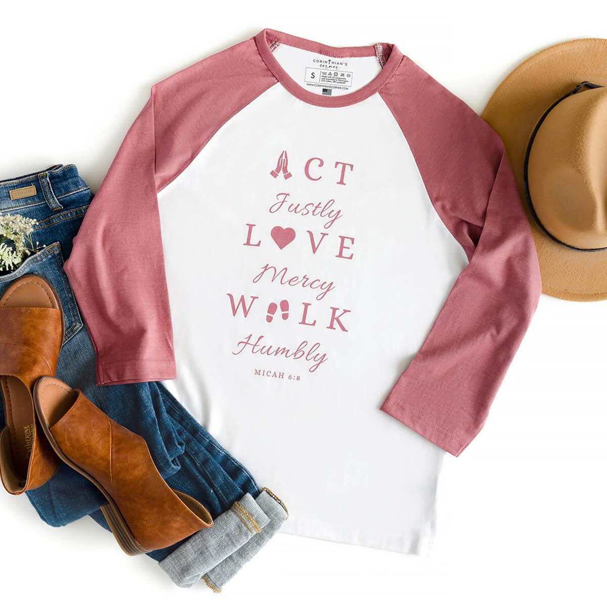 Act Justly Love Mercy Walk Humbly 3/4 Sleeve Biblical Raglan