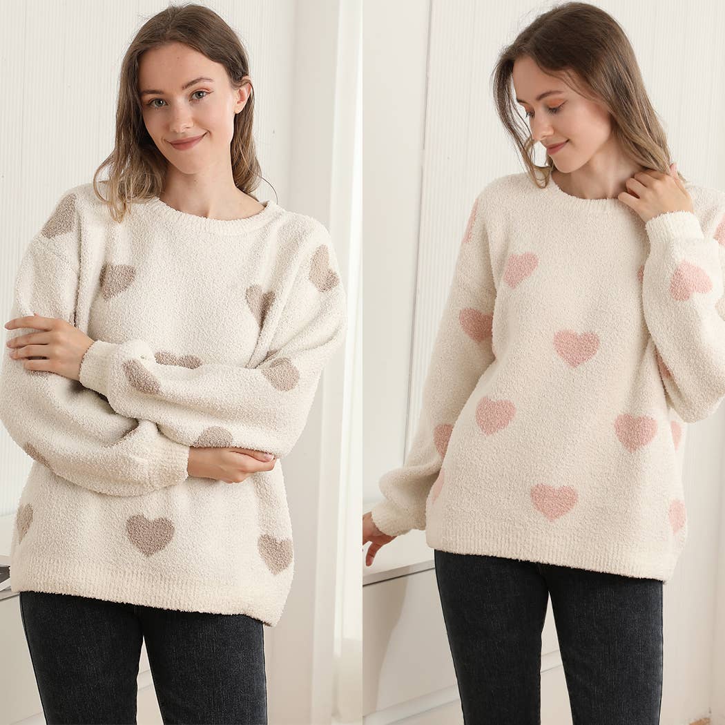 Heart Pattern Jacquard Cozy Crew Neck Sweater