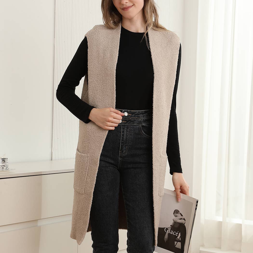 Solid Color Open Long Cozy Vest with Pockets