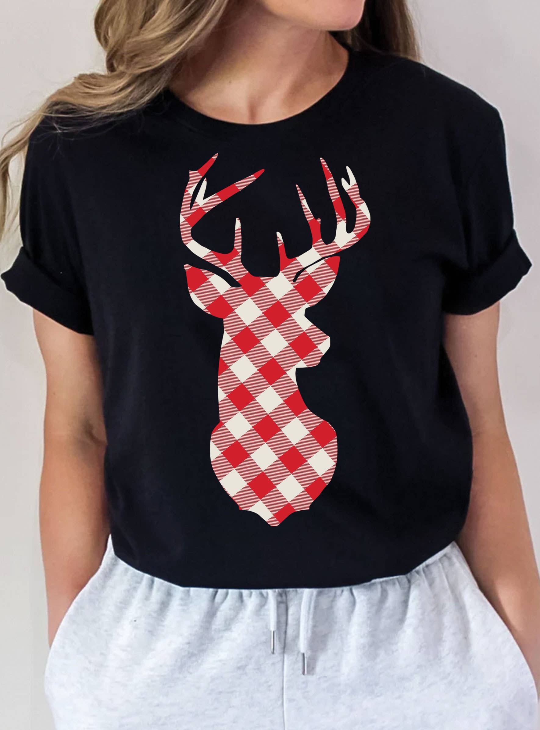 Plaid Christmas Deer Graphic Tshirts
