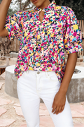 Floral Print Frilled Collar Puff Sleeve Summer Blouse (S-Xl)