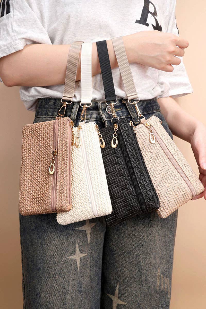 , SI-26765 Boho Woven Straw Wristlet Wallet Bag