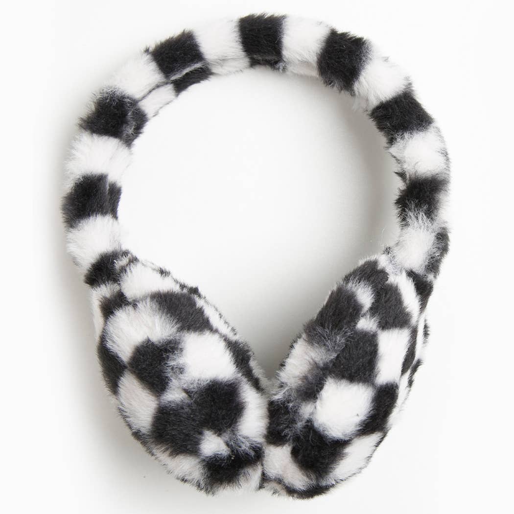 Faux Fur White Checkered Pattern Earmuffs