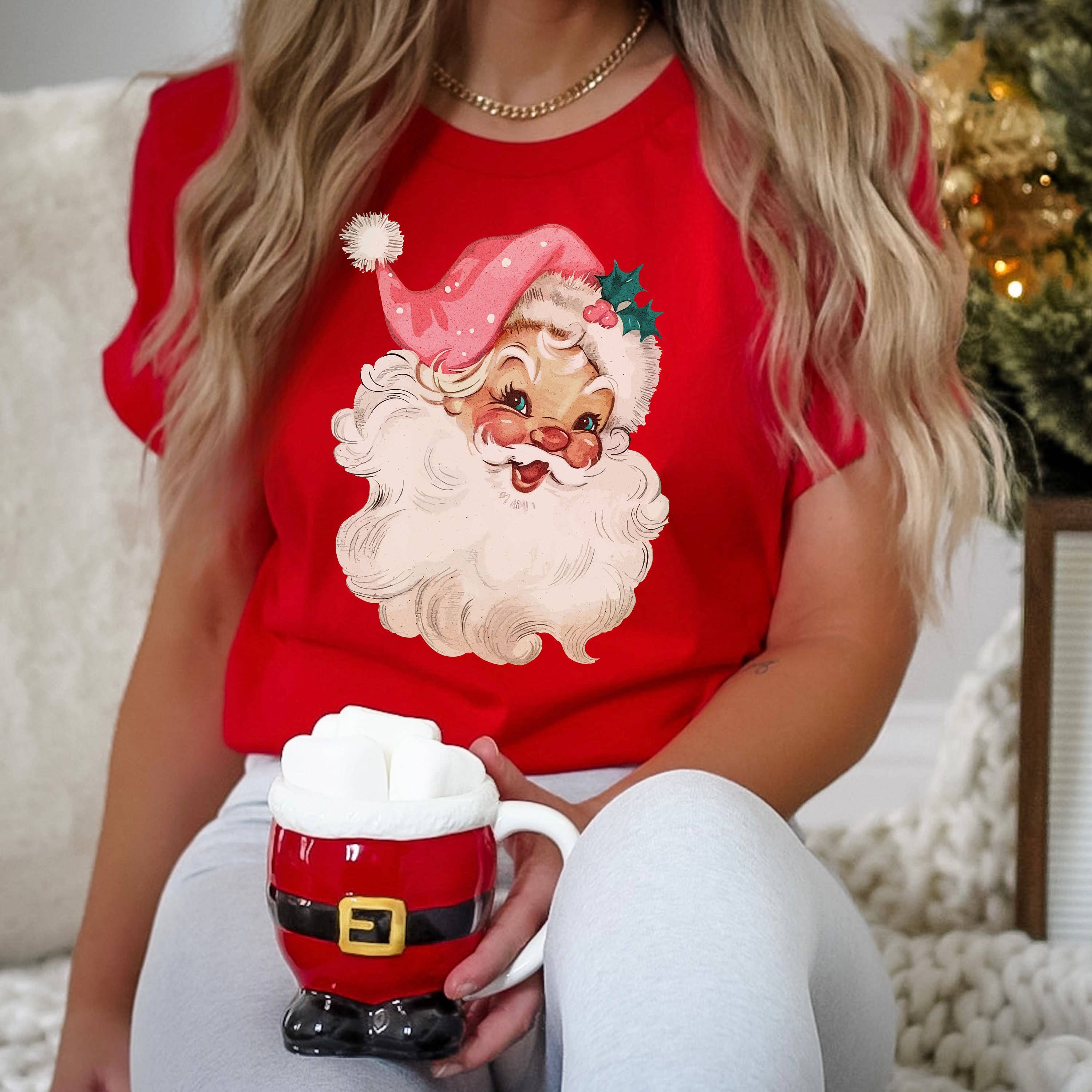 Pink Santa Retro Christmas Sweatshirt- Matching Family Tee