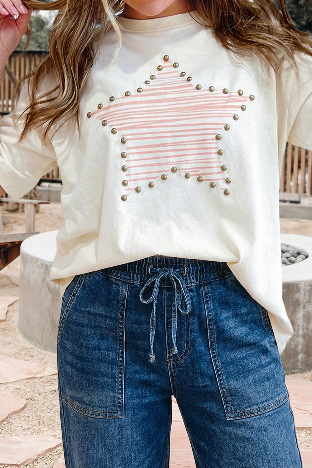 66 Stardaze Star Print Stud Detail Cotton Jersey Top (S-Xl)