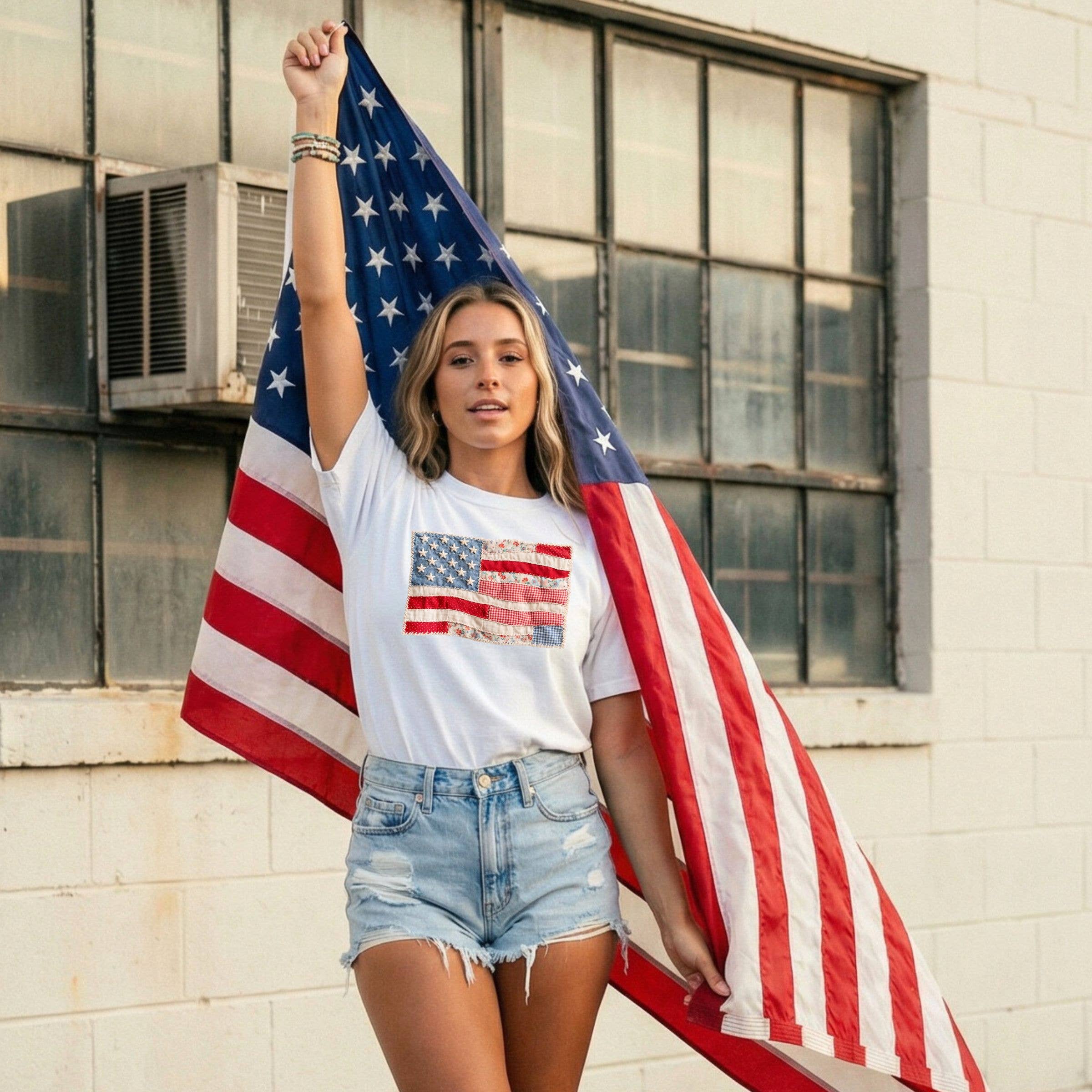 Faux Embroidered Vintage American Flag Graphic Tee