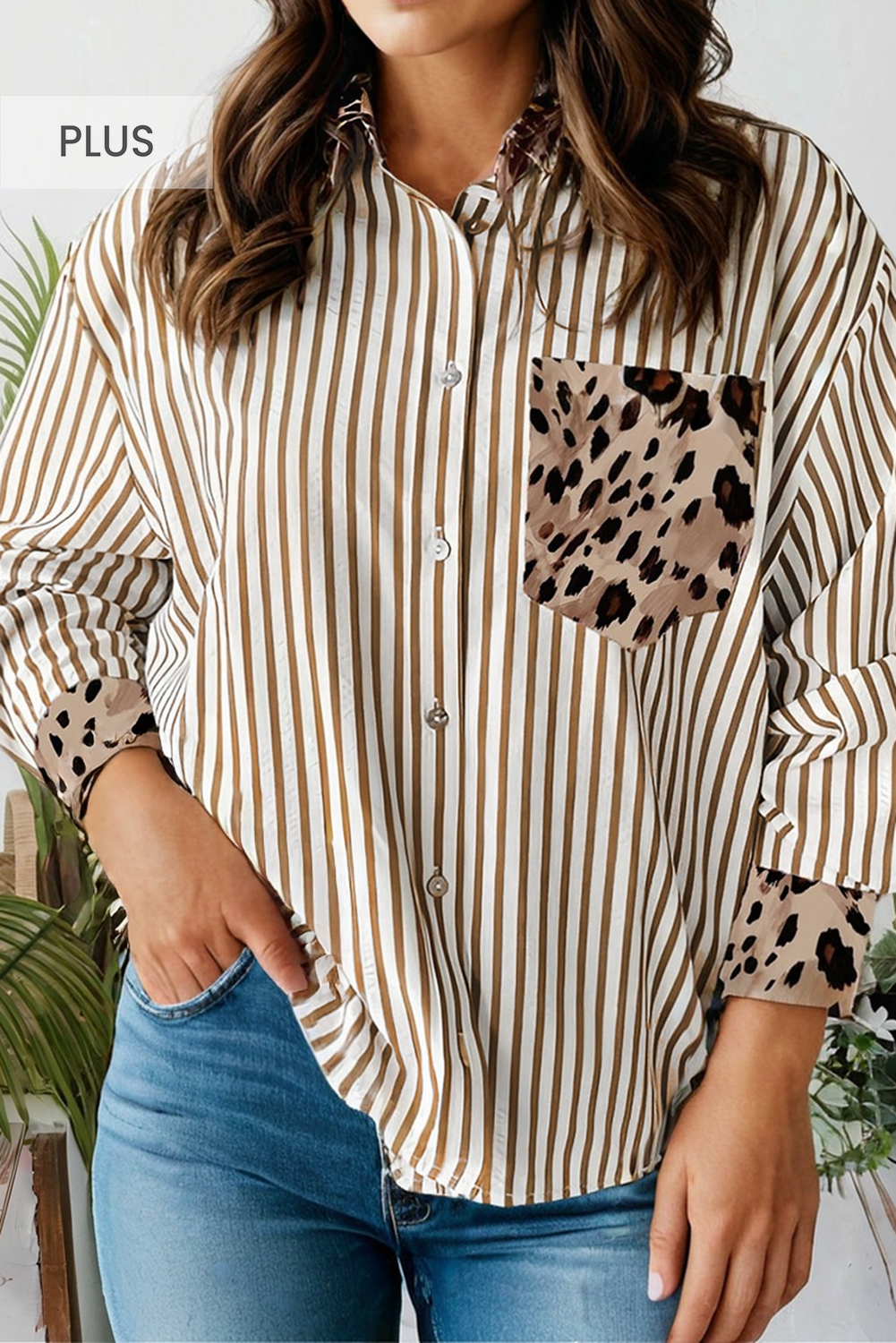 Leopard Patched Collared Chest Pocket Cuffed Plus Size Shirt