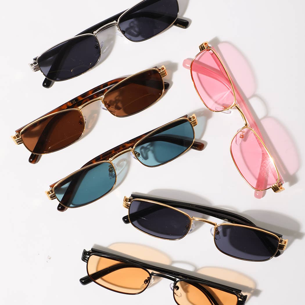 Slim Retro Rectangle Metal Frame Sunglasses