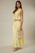 Elastic Waist Embroidered Scallop Hem Tiered Maxi Skirt
