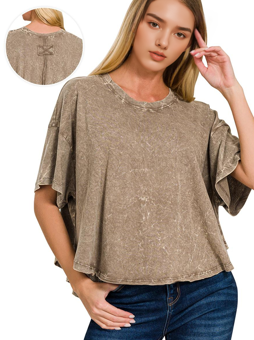 `.Washed Cotton Round Neck Short Sleeve Top