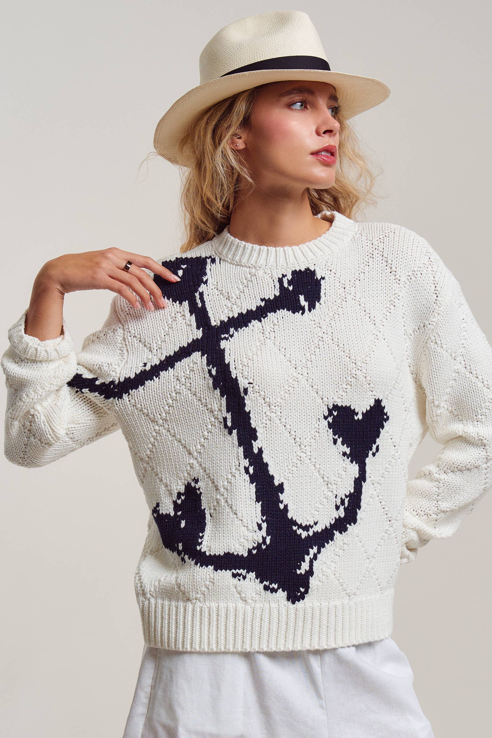 Nautical Anchor Intarsia Textured Knit Sweater