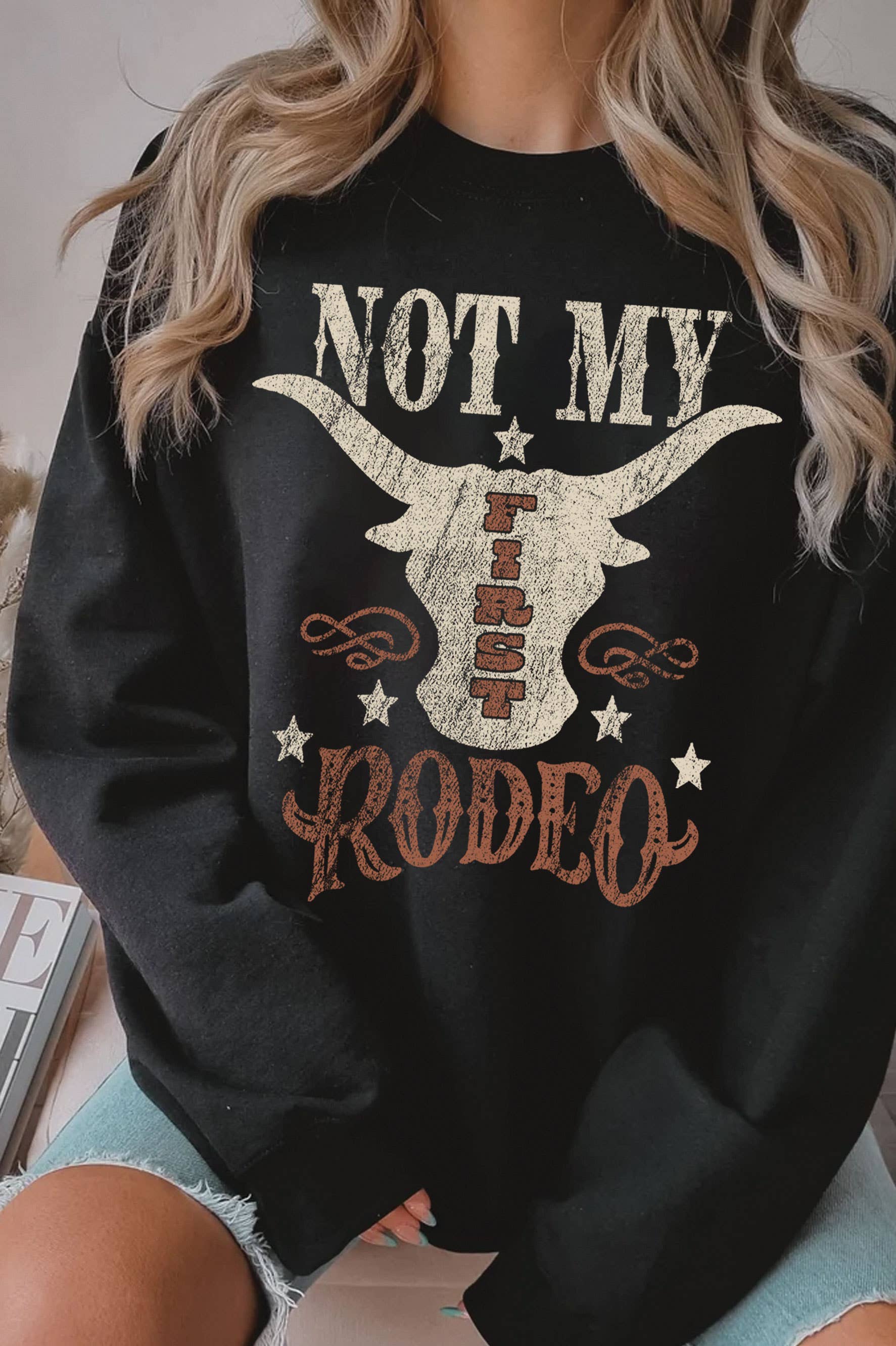 Not My First Rodeo Cow Skull Graphic Brushed Sweatshirts!!