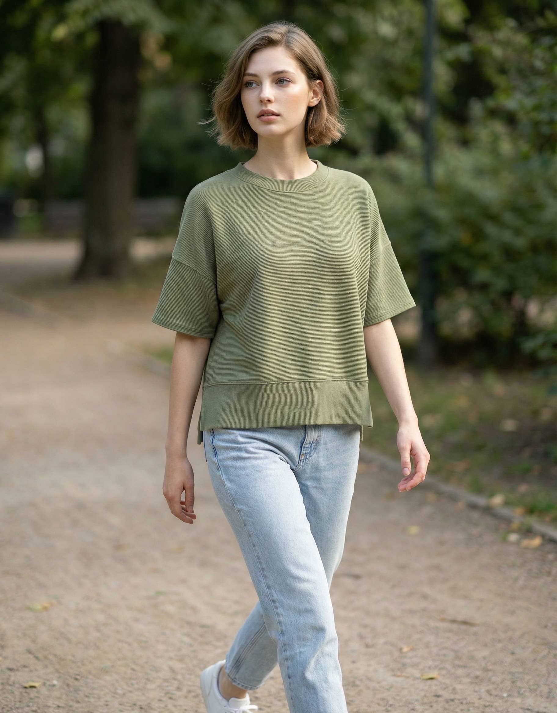 .0210 Round Neck Waist Banded Knit Tee Shirt SI-27737
