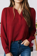 Notched Neck Shirred Cuff Long Sleeve Blouse (S-Xl)