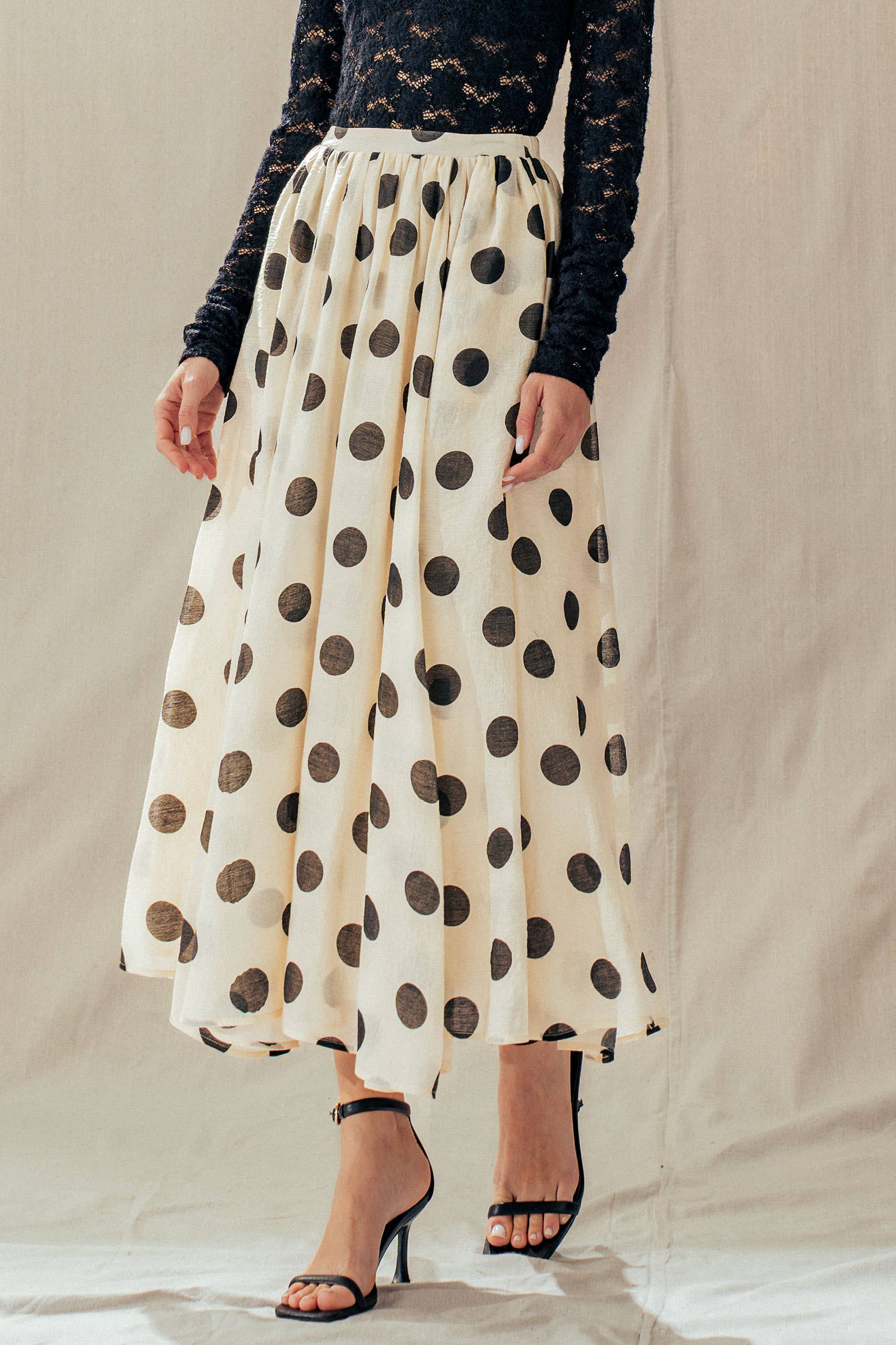 Polka Dot Elastic Waist Midi Skirt