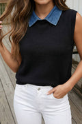 Knit Contrast Denim Patchwork Collar Sweater Vest (S-Xl)