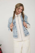 Teddy and Denim Mixed Media Zip-Up Jacket