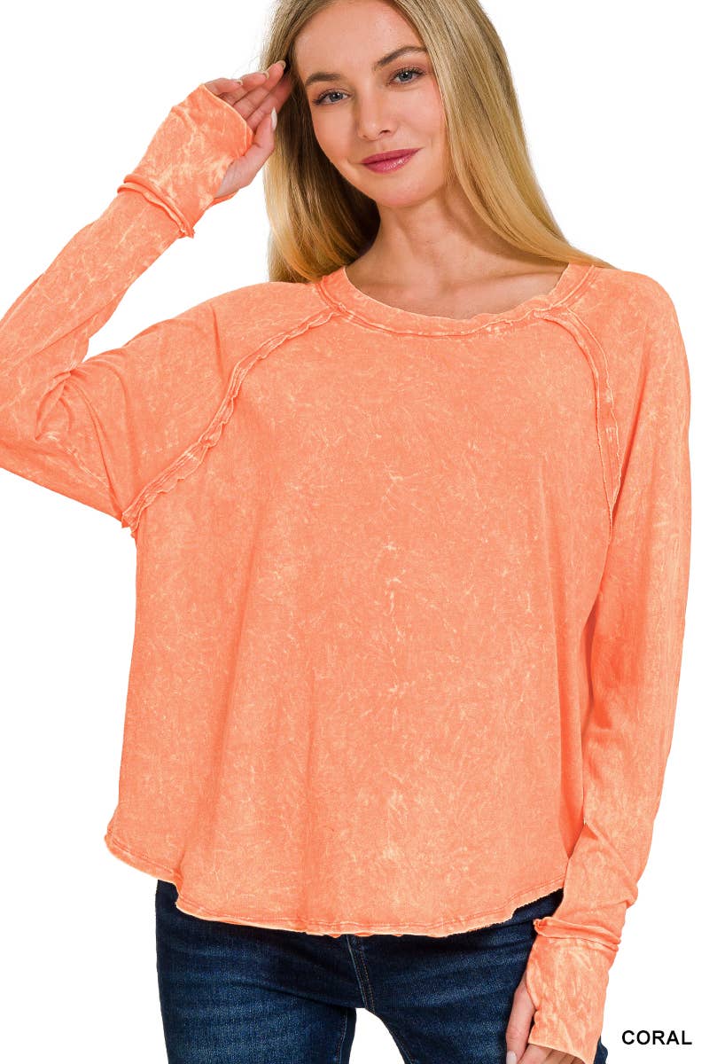 0812 Crinkle Washed Cotton Top with Thumb Hole Cuffs SI-25342
